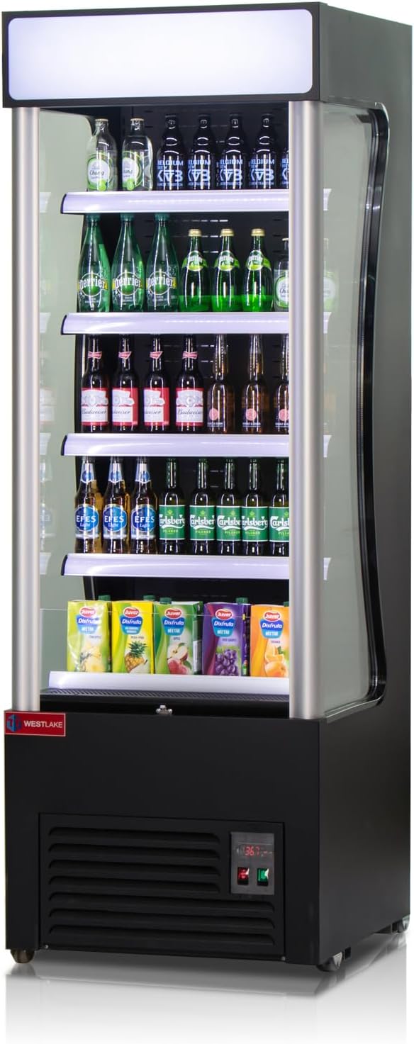 WESTLAKE Open Air Merchandiser Commercial Refrigerator with Night Curtain 16.6 Cu.ft 27.5” W 28.3" D Upright Fan Cooling Display Cooler for Stores, Supermarkets, Bar, Shops, etc