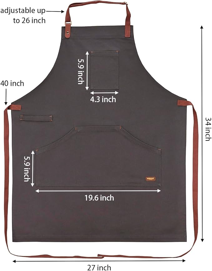 Apron with Pockets, Mens Womens Chef Bib Apron for Kitchen Cooking Grill BBQ Baking Server with Towel Loop