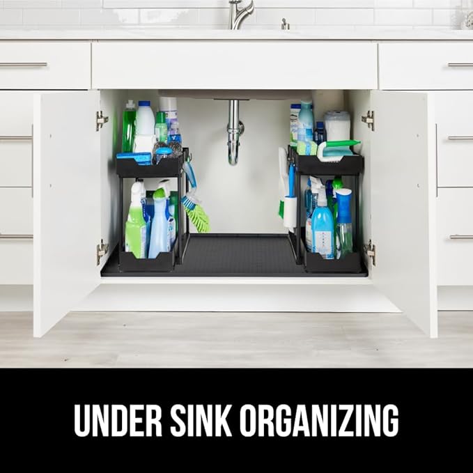 GORILLA GRIP Waterproof Silicone Under Sink Mat with Raised Lip for Kitchen and Bathroom, 34 x 22 in, Cabinet Shelf Liner Stay in Place Mats Dishwasher Safe Drawer Liner, Organizer Tray, Black