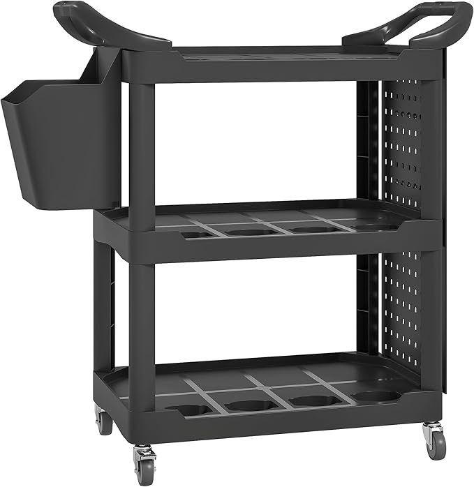 HOMCOM 3 Tier Utility Cart on Wheels, Rolling Tool Storage with Pegboards and Bucket, 200 LBS Load Capacity Plastic Service Cart for Garage, Warehouse, Workshop, Black