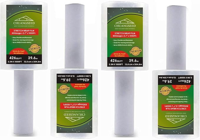 4-Pack Industrial Mini Clear Stretch Wrap Film 80 Gauge 5.1" 1000ft by CHUANGSEED