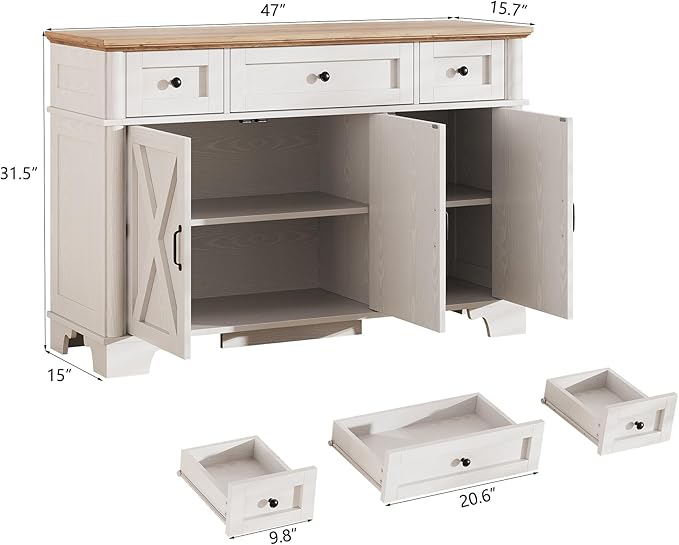 Farmhouse Buffet Cabinet with Storage, White Sideboard Buffet Cabinet with Adjustable Shelves & 3 Drawers, Buffet Table Coffee Bar Wine Bar Storage for Kitchen & Living Room, 47inch