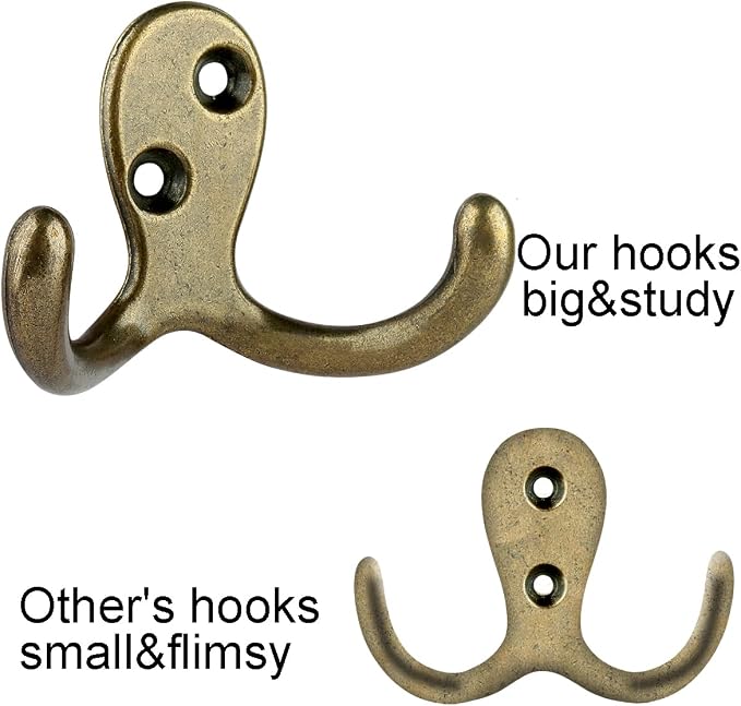 IBosins 10 Pack Antique Brass Double Prong Coat Hooks - Image 3