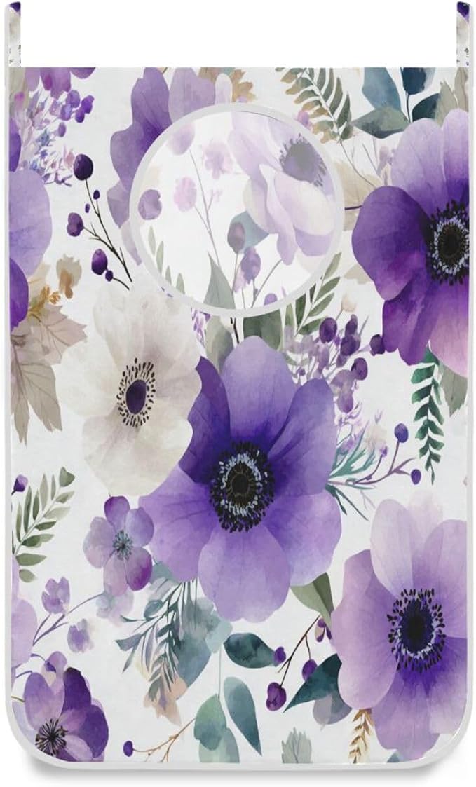 Purple and White Silver Lotus Flowers and Berries Hanging Laundry Hamper Door by Tatenale
