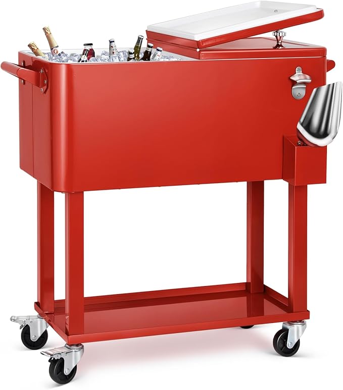 EDOSTORY 80 Quart Rolling Ice Chest Cooler Cart,Patio Backyard Party Drink Beverage Bar Stand Up Cooler Trolley with Ice Scoop