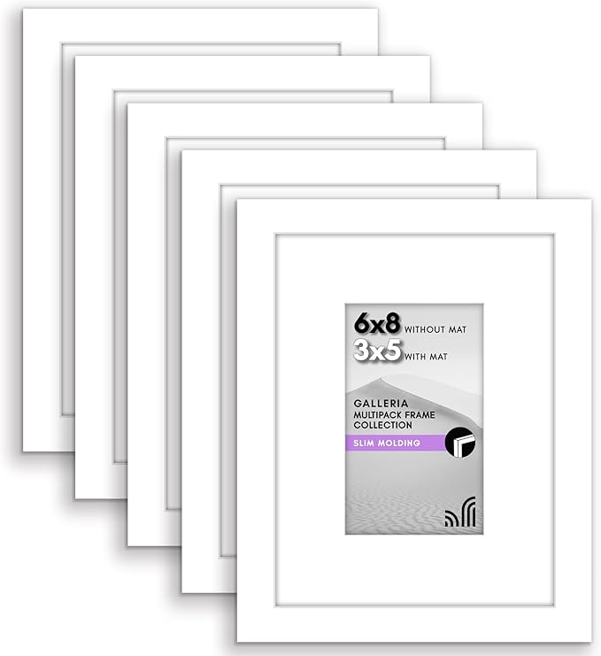 Americanflat 6x8 Picture Frame with Polished Plexiglass - Set of 5 - Use as 3x5 Frame with Mat or Display 6x8 Photo Without Mat - Galleria Collection - Picture Frames for Tabletop and Wall - White