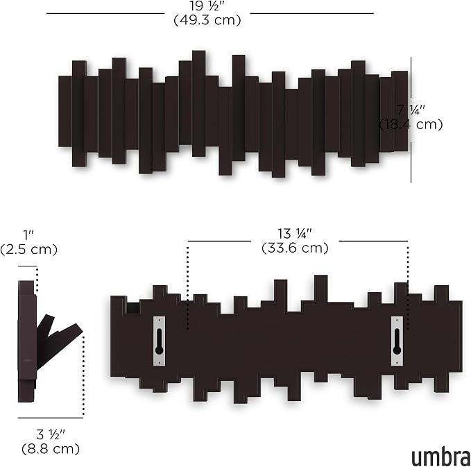 Umbra Sticks Wall Mount Coat Rack, 5 Hook Retractable Pegs, Espresso | Mounting - Image 3