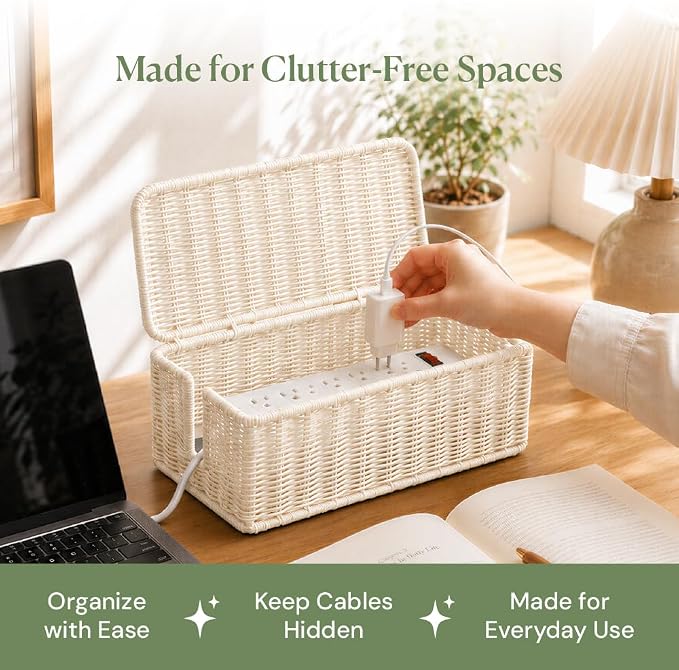 Cable Management Box, Handmade Rattan Cord Organizer - Image 9