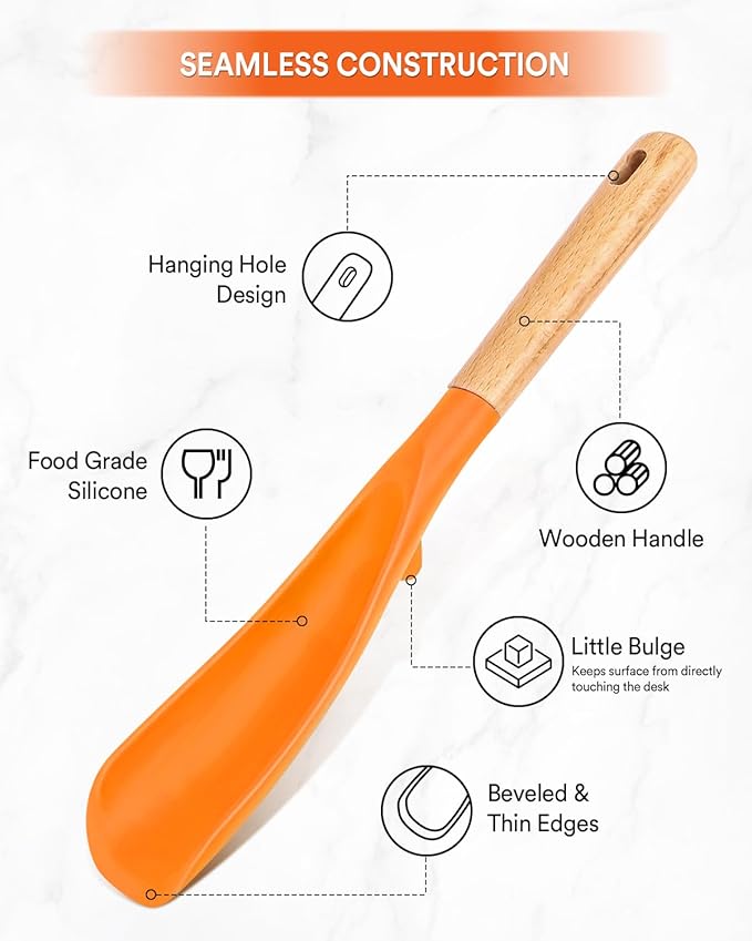 Cooking Spoon for Nonstick Cookwares, Great for Cooking and Serving Sturdy BPA-Free Matte Silicone, Wood Handle Spoon for Mixing, Scoop, and Scrape (ORANGE, 11.4 inch)