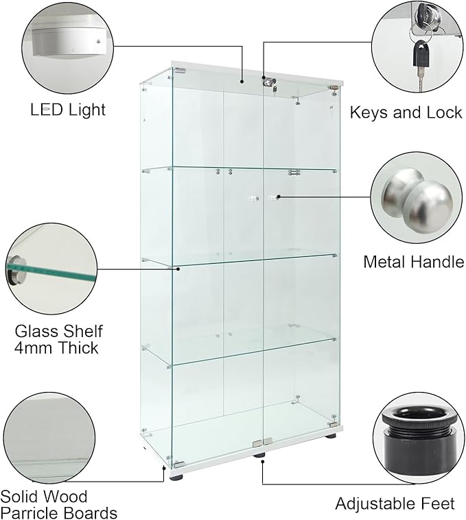 Yoluckea 4 Shelves Glass Display Cabinet with LED Light and 2 Doors,Floor Standing Clear Glass Curio Collection Display Cabinet for Living Room Bedroom 64.7” x 31.7” x 14.3” White