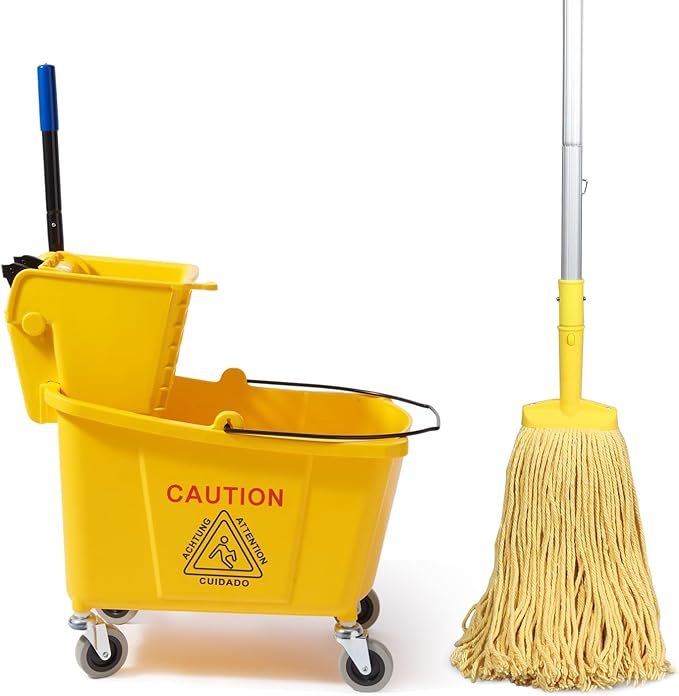 35 Quarts Commercial Mop Bucket with Side-Press Wringer for Floor Cleaning, Yellow, Including One Commercial Mop