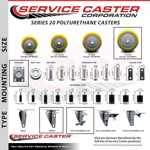 Service Caster Brand Replacement Caster for Uline Caster H-5540SWB - Swivel Top Plate Caster with 5 Inch Yellow Polyurethane Wheel and Top Lock Brake - Fits Carts, Dollies and Poly Box Trucks H-3840