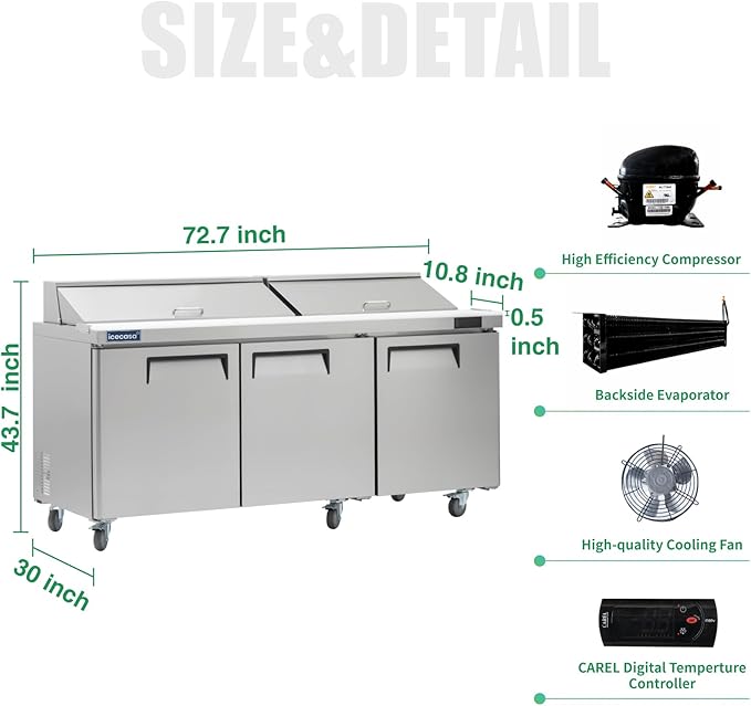 ICECASA 72" W Commercial Refrigerator Sandwich&Salad Prep Table 3 Door Stainless Steel Counter Fan Cooling Refrigerator with 18 pans-72 Inches for Restaurant, Bar, Shop, etcI