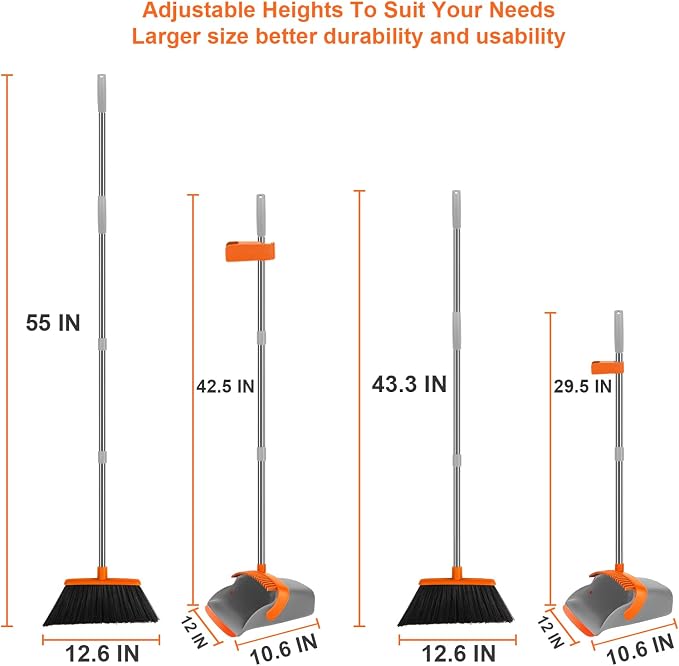 Broom and Dustpan Combo Set, Extended Reach Design, Built-in Comb Dustpan - Image 2