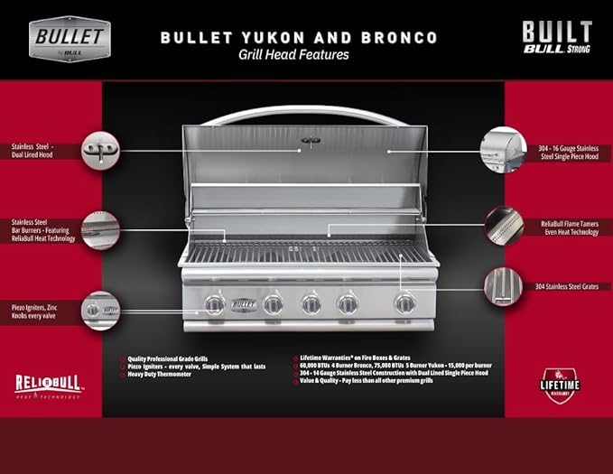 Bullet by Bull Stainless Steel Outdoor Kitchen Grill Set - Built-In Liquid Propane Grill -BBQ Kitchen Island Bundle - Includes 4 Burner Grill, Side Burner Single Access Door & Double Storage Drawer