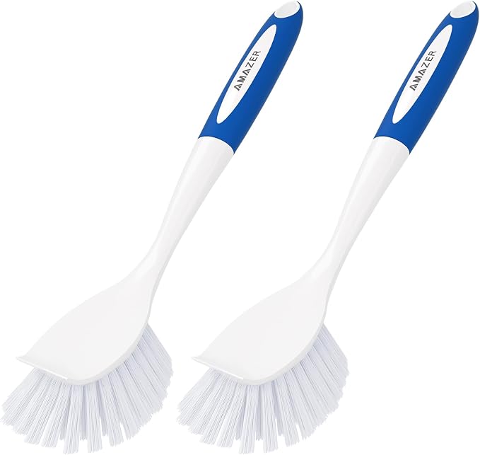 Dish Brush with Handle, 2 Pack Kitchen Scrub Brushes with Built-in Scraper by Amazer