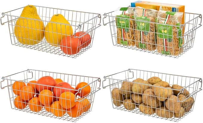SANNO Stackable Chest Freezer Baskets Organizer Bins, Stackable Wire Baskets For Pantry Storage and Organization With Sturdy Metal Food Baskets Pantry Organized,set of 3