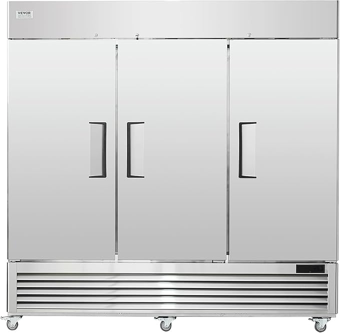 VEVOR Commercial Freezer 60.42 Cu.ft, Reach In 82.5" W Upright Freezer 3 Doors, Auto-Defrost Stainless Steel Reach-in Freezer with 12 Adjustable Shelves, -13 to 5℉ Temp Control, LED Lighting, 4 Wheels