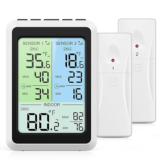 Refrigerator Thermometer with Alarm - 4.5 inch Wireless Fridge Thermometer with 2-Level Backlight, 2 Sensors, Digital Freezer Thermometers with Max/Min Records, for Homes Restaurants Cellars