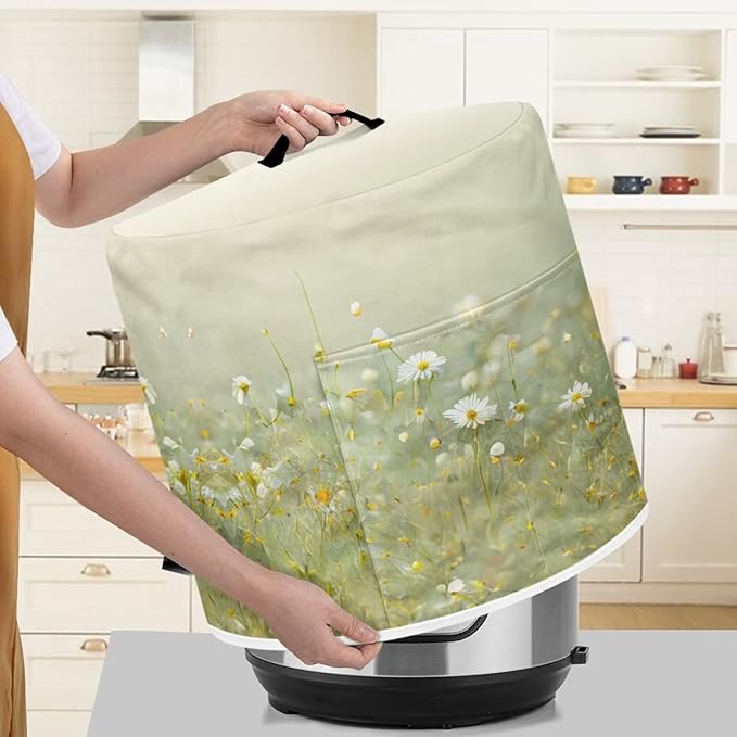Insulated Pressure Cooker Appliance Cover, Also Fit for Rice Cooker, Air Fryer and Crock Pot, 6 Quart Dust Cover with Pocket for Kitchenware and Recipes, Washable, Daisy Floral Green