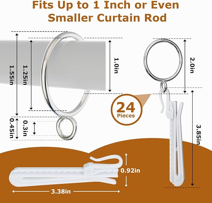 1.25 Inch Curtain Rings with Hooks, 24 Pack Silver Metal Drapery Rings with - Image 2