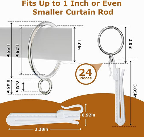 1.25 Inch Curtain Rings with Hooks, 24 Pack Silver Metal Drapery Rings with - Image 2