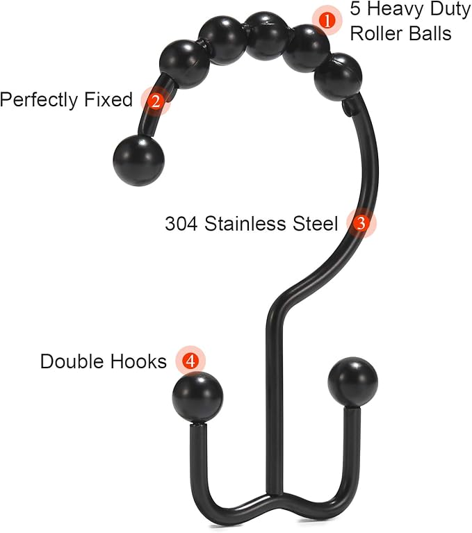 Shower Curtain Hooks, Goowin Shower Curtain Rings, Stainless Steel Black Shower - Image 4