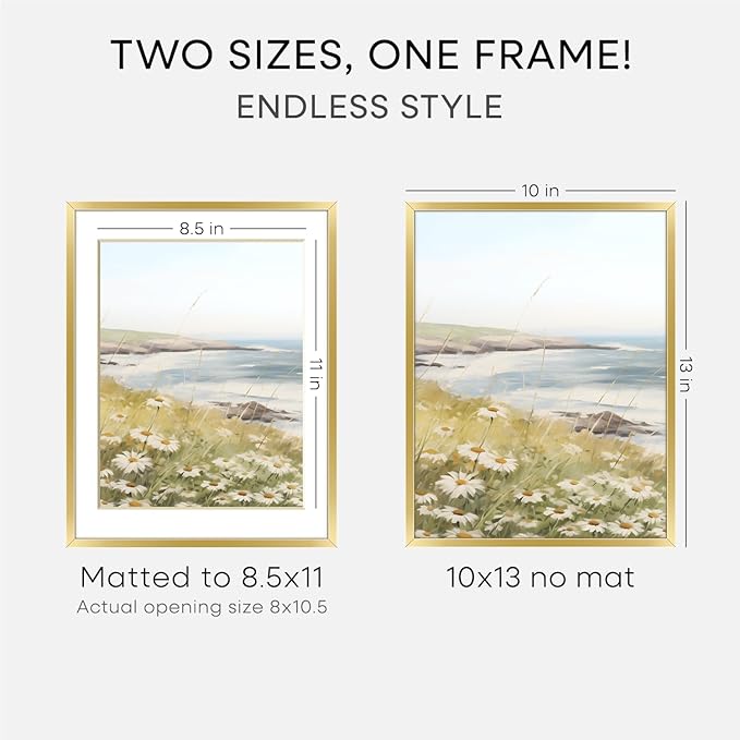 Homeforia 10x13 Picture Frame Gold, High End Metal 10x13 Poster Frames with Mat for 8.5x11, 10 x 13 Gold Frames Matted to 8.5 x 11 inch Photo, 10by13 Hanging Frames, Tempered Glass, Wall Kit, Set of 3