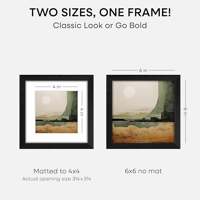 Homeforia 6x6 Picture Frame Black Wood, High-End Oak 6 x 6 Square Frames with Mat 4 by 4 inch Photo, 6x6 Wooden Frame Matted to 4x4 Art, 6by6 Wall or Tabletop Frame, Tempered Glass, Wall Kit, Set of 2