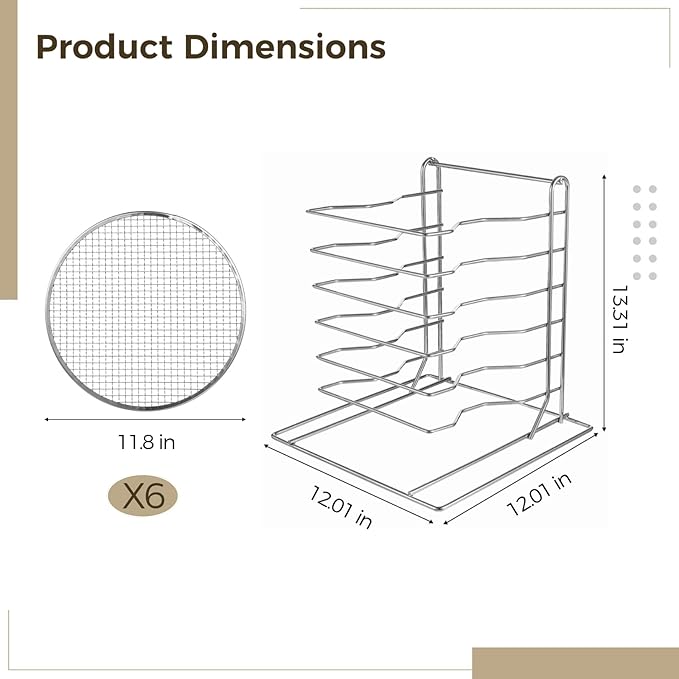 OMISTAR 6 Tier Pizza Rack With 6 Perforated 12 Inch Perforated Pizza Pans with Holes, 13.3' H x 12'' L x 12'' W Pizza Pan Rack Holder for Buffet Table, Easy Storage Multiple Pizzas (6 Tier)