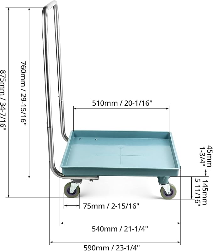 QWORK Warewashing Rack Dolly with Detachable Handle – 200lbs Static Load Cart for Kitchens, Hotels & Catering
