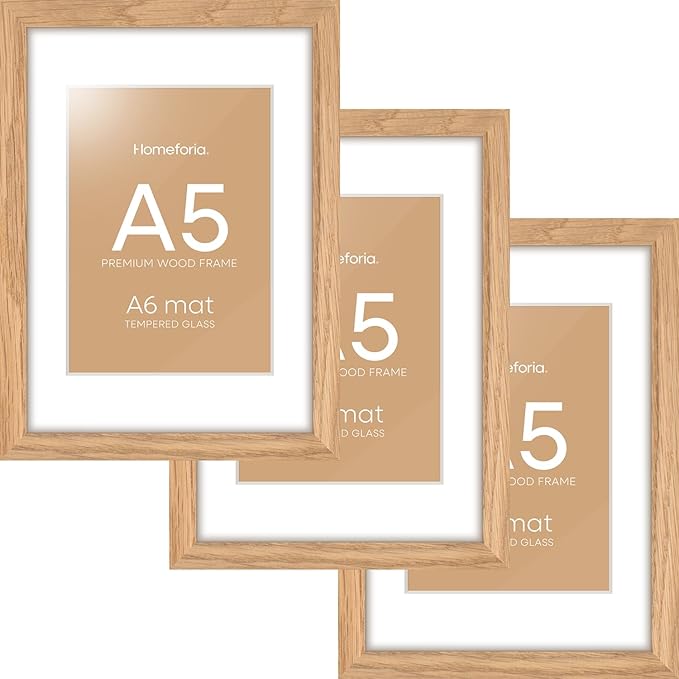 Homeforia A5 Wood Picture Frame, High-End Natural Oak 5.8x8.3 Frame Matted to 4.1x5.8 inch Photo, A5 Size Wooden Frames with Mat A6 for Art, 5.8 x 8.3 Poster Frames, Tempered Glass, Wall Kit, Set of 3