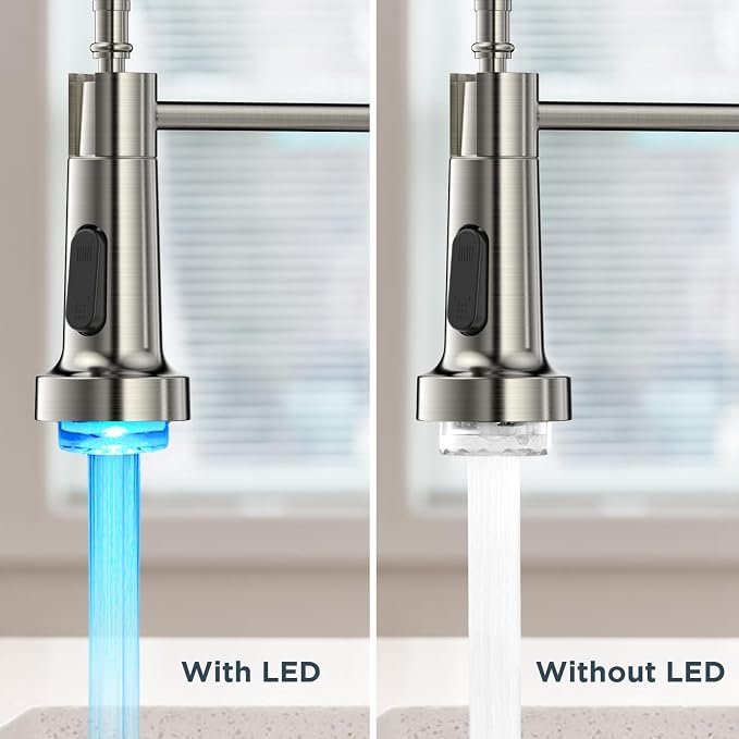 FORIOUS Kitchen Faucet with LED Light Sprayer, Single Lever, Brushed Nickel | - Image 4