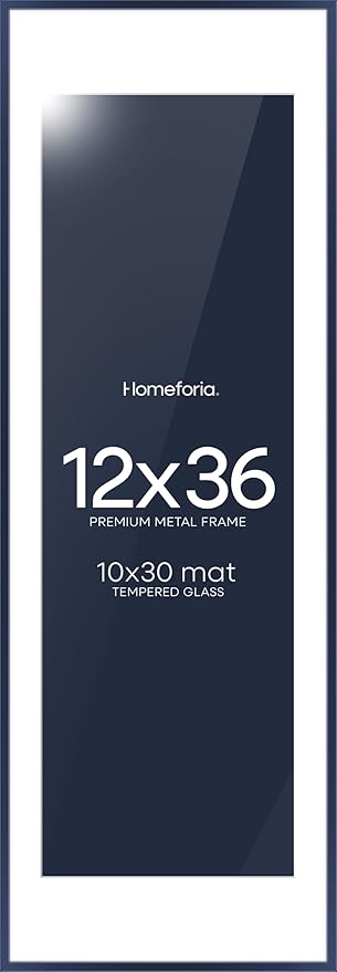 Homeforia 12x36 Navy Blue Picture Frame, High End Metal 12by36 Poster Frames with Mat 10x30 Photo, 12 x 36 Navy Blue Frames Matted to 10 x 30, 36x12 Panoramic Frame, Tempered Glass, Wall Kit, Set of 1