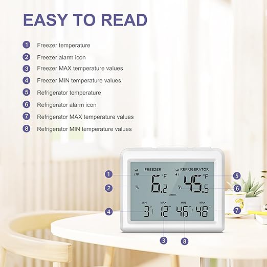 Digital Refrigerator Thermometer - 3.7 inch LCD Backlight Freezer Thermometer with 2 Sensors, Digital Fridge and Freezer Thermometer with Alarm, Max/Min Records, for Homes Restaurants Cellars