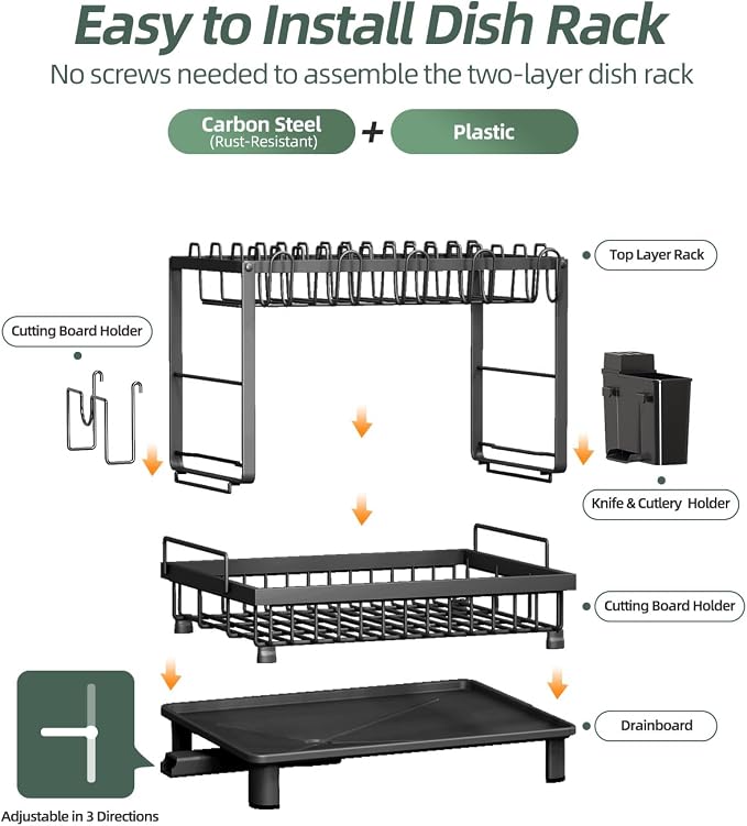 2-Tier Dish Drying Rack for Kitchen Counter, Space-Saving, Auto Drain Spout - Image 6