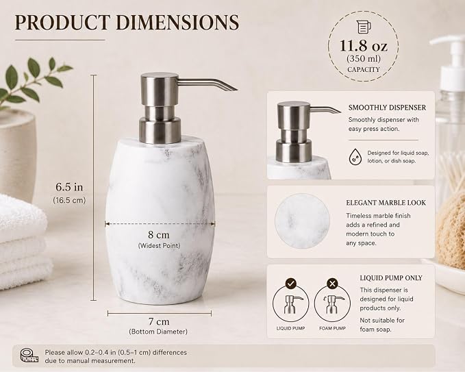 Clasin Home Resin Soap Dispenser Set 2, Refillable Hand Soap Dispenser - Image 3
