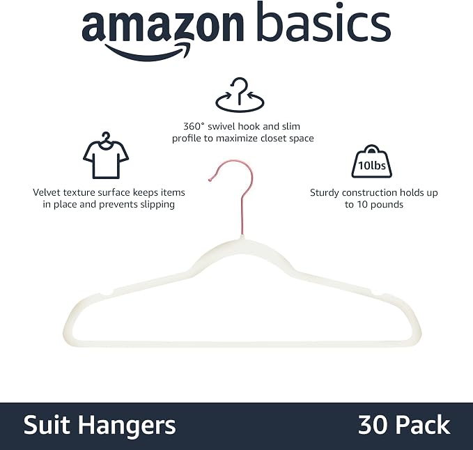 Amazon Basics Slim Velvet Non-Slip Space Saving Suit Clothes Hangers, Closet - Image 2