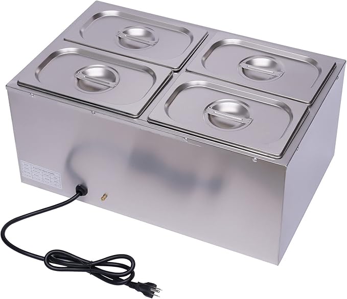 4-Pan Bain Marie Steam Table, Commercial Countertop Steam Table Food Warmer 600W 16.9Qt Stainless Steel Electric Food Soup Warmer with Lid and Tap for Restaurant, Buffet Catering