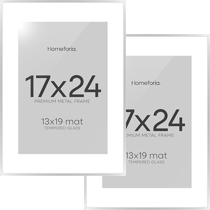 Homeforia 17x24 Picture Frame Silver, High End Metal 17x24 Frames with Mat 13x19 for Photo, 17 x 24 Silver Poster Frame Matted to 13 x 19 Print, 24x17 Hanging Frame, Tempered Glass, Wall Kit, Set of 2