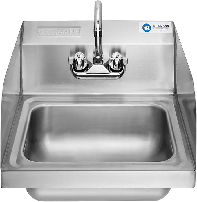 GRIDMANN Commercial NSF Stainless Steel Sink with Faucet & Side Splashes - Wall Mount Hand Washing Basin