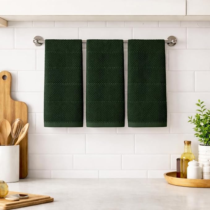 Dark Green Kitchen Hand Dish Towels, 100% Cotton - Image 3