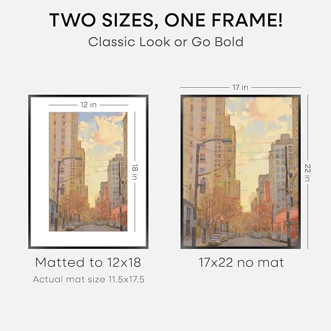 Homeforia 17x22 Picture Frame Black, High End Metal 17x22 Poster Frames with Mat 12x18 for Photo, 17 x 22 Black Frame Matted to 12 x 18 inch Print, 22x17 Thin Frame, Tempered Glass, Wall Kit, Set of 3