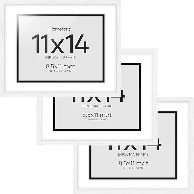 Homeforia 11x14 White Diploma Frame, High End Black Oak 11 x 14 Certificate Wood Frames with Mat 8.5x11, 14x11 Wooden Document Matted Frame, Award Graduation Frames, Tempered Glass, Wall Kit, Set of 3