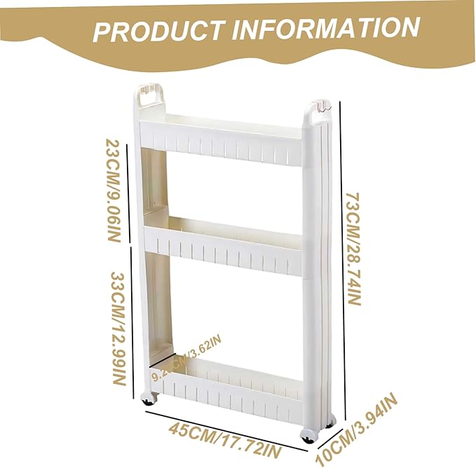 Utility Cart on Wheels 3 Tier Slim Storage Cart with Hooks & Partitions Plastic Narrow Shelf with Handles for Kitchen Bathroom Office Laundry, 29x18x4 Inch Slim Storage