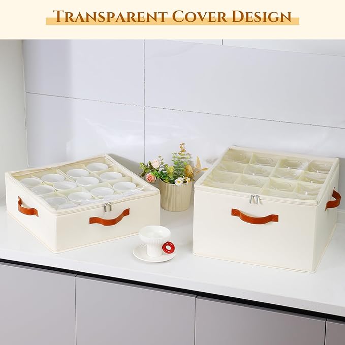 2 Pack Coffee Mug Storage Box with Dividers, Stackable China Storage Containers with Lid, Zipper, and Handles for 32 Coffee Mugs and Cups, Mug Storage Organizer for Packing & Moving, Beige