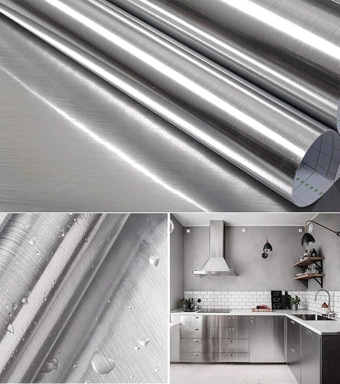 Hopepak Stainless Steel Contact Paper Peel and Stick Waterproof Silver Metallic Wallpaper Self Adhesive Removable Vinyl Roll for Kitchen Cabinet Refrigerator Dishwasher Countertop 17.3''x118''