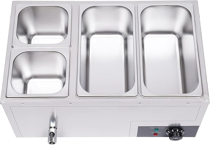 DYNAMI 110V 850W Commercial Buffet Food Warmer,Large Capacity 4 Pan(7.4QT*2+3.2QT*2) Stainless Steel Electric Countertop Steam Table with Intelligent Thermostat Design,for Parties Buffet Catering