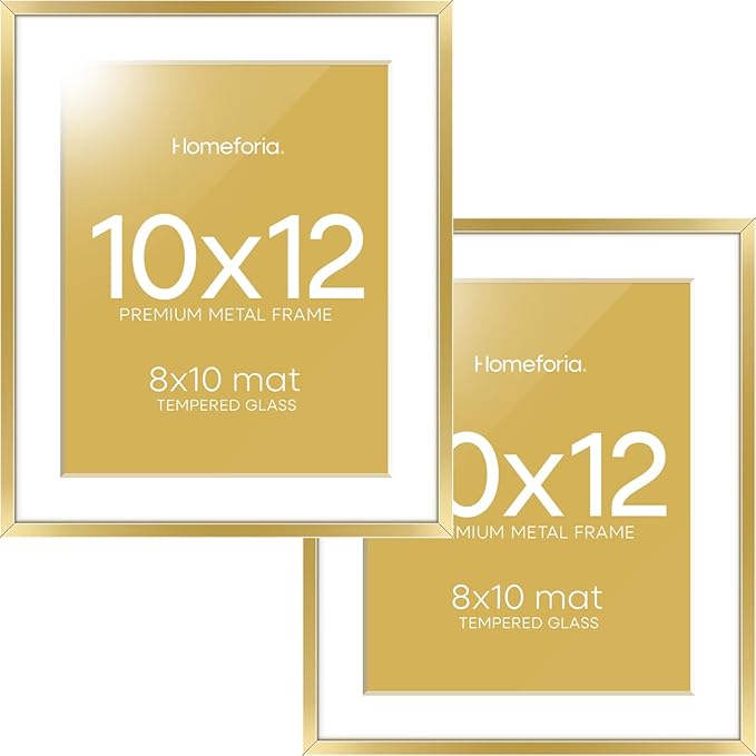 Homeforia 10x12 Picture Frame Gold, High End Metal 10x12 Poster Frames with Mat for 8x10, 10 x 12 Gold Frame Matted to 8 x 10 inch Photo, 10by12 Thin Hanging Frames, Tempered Glass, Wall Kit, Set of 2