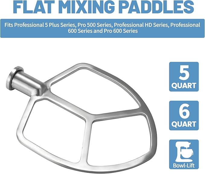 Stainless Steel Paddle Attachment Rust-Resistant Compatible with KitchenAid 5Plus -6QT Mixer, Bowl Lift Stand Mixer Attachment for Quick Kneading of Bread, Pasta, Cookies, Pizza, Etc. Dishwasher Safe